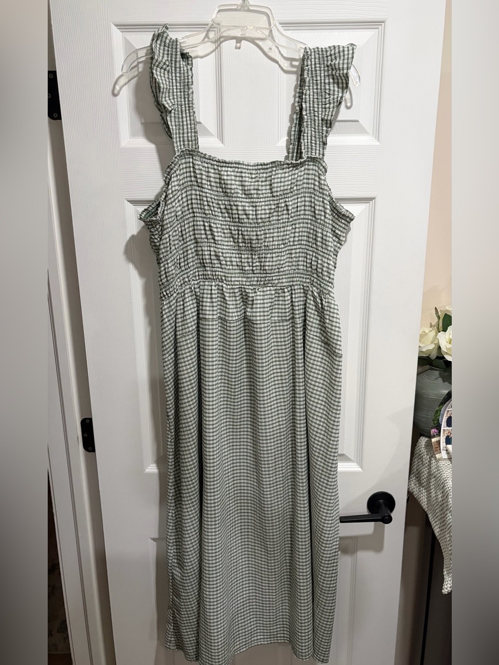 Old Navy Olive and White Gingham Smocked Dress